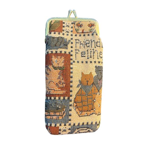 Vintage Tapestry Cat Glasses Case Coin Pouch Kiss Lock Frame Bag Quirky Cute - Picture 1 of 3